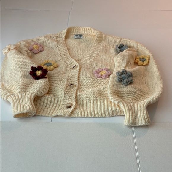vine tree Sweaters - Vine Tree Cream Cardigan with3 D Floral Accents